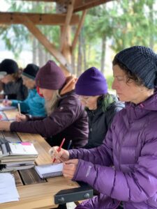 Woman in purple coat sketching with others sketching in the background